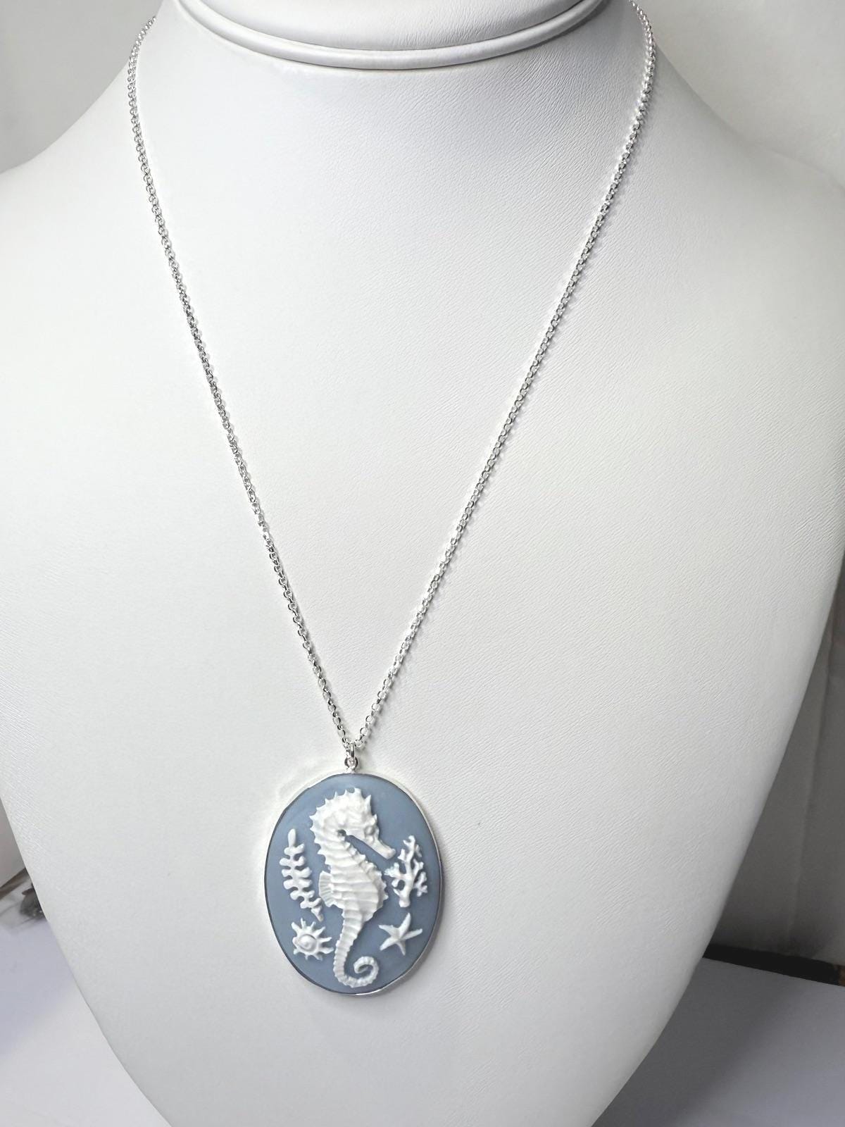 Seahorse Lucite Cabochon Pendant Necklace set on Sterling Silver on 18 inch chain