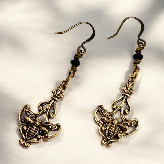 Vintage Style Antiqued finish Bee Dangle Earrings with Jet Gemstone Bicone